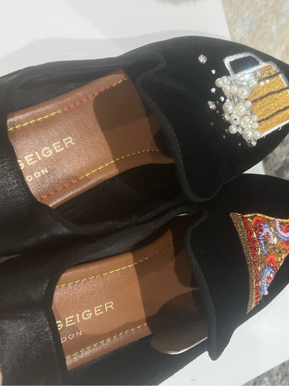 Kurt Geiger Black Velvet Pointed Loafers with Pizza and Beer Appliqués - Picture 8 of 9